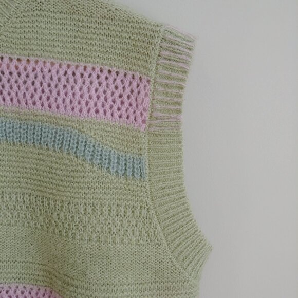 Pastel Striped Knit Sleeveless Sweater Vest - Green & Pink - Picture 5 of 16